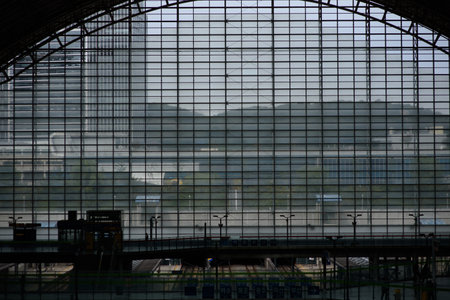 a view of the city reflected in the windowの写真素材