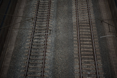 Railway tracks in the city, close-up view of railsの写真素材
