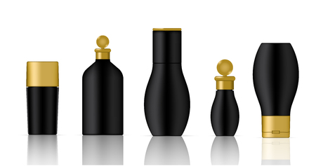 Mock up Realistic Black and Gold Cosmetic Bottles Set on white Background Illustrationのイラスト素材