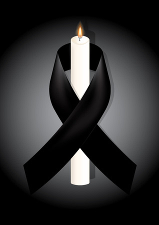 Black awareness ribbon with white candle on white background. Mourning symbol. RIP Funeral card Black Ribbon Background Vectorのイラスト素材