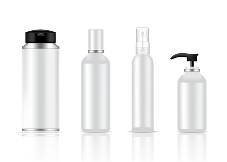 Mock up Realistic White, Black and Metal Cosmetic Bottles Set Background Illustrationのイラスト素材