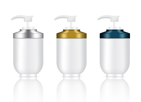 Mock up Realistic White,Gold, Metal And Blue Cosmetic Soap Gel Bottles Set Background Illustrationのイラスト素材