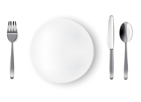 Mock up Realistic White Plate or Dish, Metal Spoon  Fork and Knife on Dining Table for food isolated Background.のイラスト素材