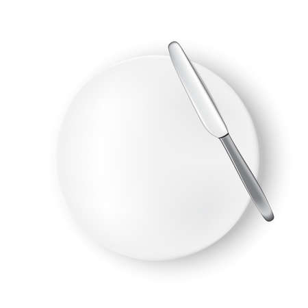 Mock up Realistic White Plate or Dish and Metal Knife on Dining Table for food isolated Background.のイラスト素材