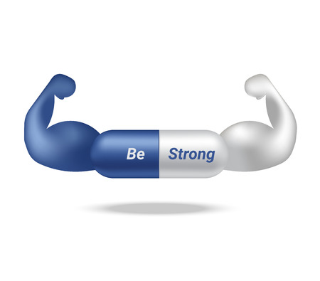 Realistic Capsule or Pill Medicine With Strong Muscle Healthy isolated Background.のイラスト素材