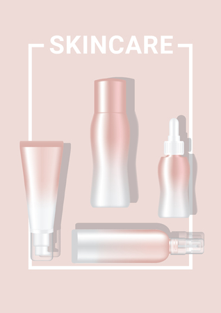Mock up Realistic Rose Gold Pastel Bottles, Pump, Dropper and Spray Set for Skincare, Oil, Cream, Body lotion, Shampoo and Soap on Magazine or Website Advertising Banner Background Illustration&#xA;のイラスト素材