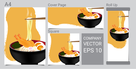 Mock up Realistic Design Hot Noodle with Shrimp Tempura, Egg and Black Bowl on White Background for Magazine, Flyer, Poster,Website Banner Set Illustrationのイラスト素材