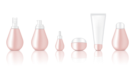 Mock up Realistic Glossy Rose Gold Color Cosmetic Soap, Shampoo, Cream, Oil Dropper and Spray Bottles Set for Skincare Product on White Background Illustrationのイラスト素材