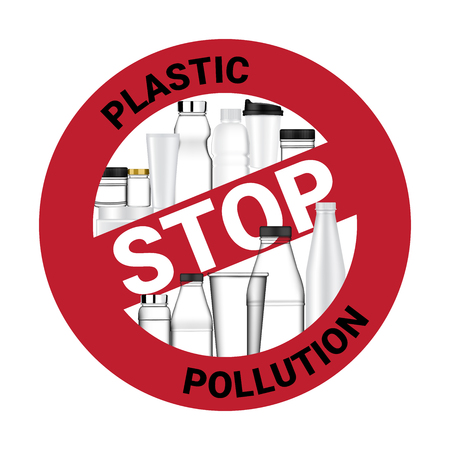 Realistic Bottle and Ban Sign Stop Using Plastic Pollution for environment Campaign Background Illustrationのイラスト素材