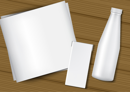 3D Mock up Realistic Milk Bottle, Carton Box, White Paper and Wood Background Illustration Vectorのイラスト素材