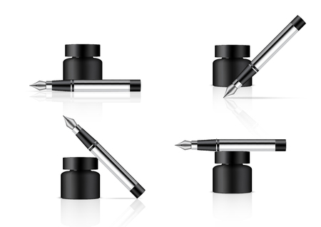 3D Realistic Ink Bottle and Pen on White Background Illustration Vectorのイラスト素材