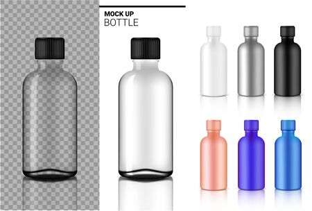 Bottle Mock up Realistic transparent white, black and glass ampoule or dropper plastic Packaging. for Food and Health Care Medicine Product on white Background Illustration.のイラスト素材