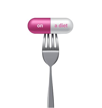 Realistic Capsule or Pill Medicine With On a diet and Fork. Addict to Slim Body isolated Background.のイラスト素材