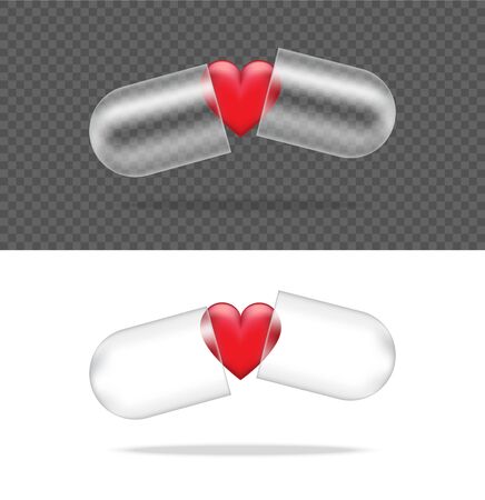 Mock up Realistic Transparent Pill Medicine Capsule Panel With Heart on White Background Vector Illustration. Tablets Medical and Health Concept.のイラスト素材