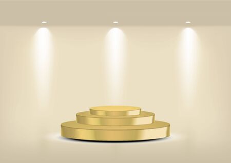 Mock up Realistic Empty Gold Shelf for interior to Show Product with Spotlight and shadow on White background. Pedestal Design illustrationのイラスト素材