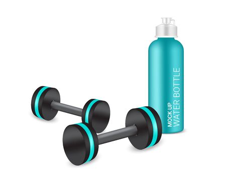 Bottle 3D Mock up Realistic Plastic Shaker and Dumbbell in Vector with Water and Drink. Healthy and Sport Concept illustration Design. のイラスト素材