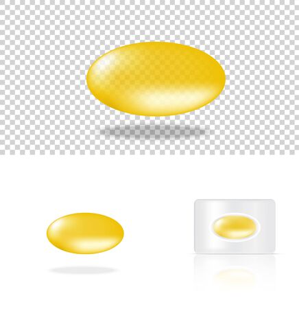 Mock up Realistic Transparent Pill Yellow Medicine Panel on White Background Vector Illustration. Tablets Medical and Health Concept.のイラスト素材