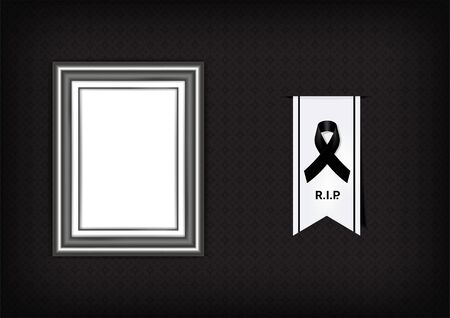 Mock up Mourning symbol with Black Respect ribbon and Frame on Texture background Banner. Rest in Peace Funeral card Vector Illustration.のイラスト素材