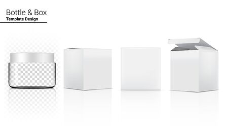 Bottle Jar Transparent Mock up Realistic Cosmetic and Box for Skincare Product or medicine on White Background Illustration. Health Care and Medical Concept Design.のイラスト素材