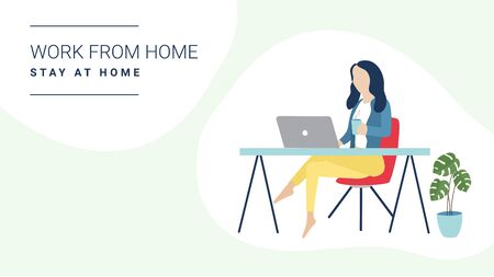 Working at home concept illustration. Young woman freelancers working on laptops and computers at home for quarantine. Vector Background Banner.のイラスト素材
