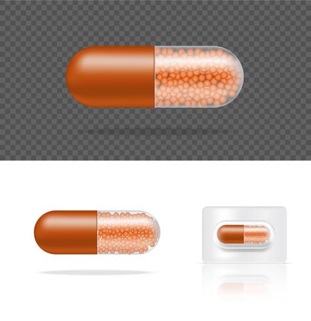 Mock up Realistic Transparent Pill Medicine Capsule Panel on White Background Vector Illustration. Tablets Medical and Health Concept.のイラスト素材