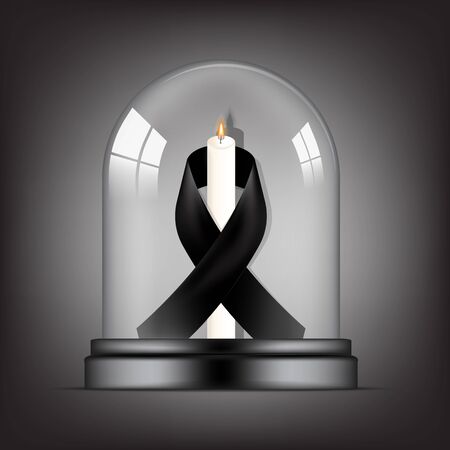 Mock up Mourning symbol with RIP Black Respect ribbon and Candle in Transparent Glass Dome background Banner. Rest in Peace Funeral card Vector Illustration.のイラスト素材