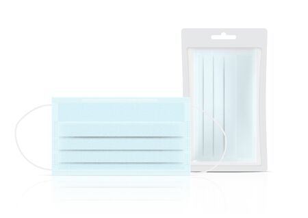 Surgical mask and Virus Protection with Sachet Bag Packaging isolated on white background. Safety Breathing,  Health Care and Medical Concept Design.のイラスト素材