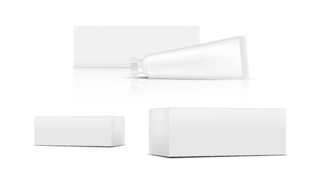 Tube Mock up Realistic Cosmetic and Box 3 Side for Skincare merchandise on isolated White Background Illustration. Health Care and Medical Concept Design.のイラスト素材