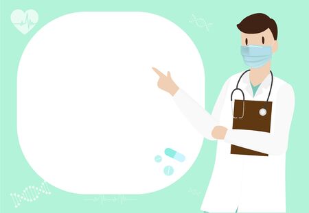 young medical doctor with Surgery Mask with speaking bubble. Vector illustration background. Health Care Concept Designのイラスト素材