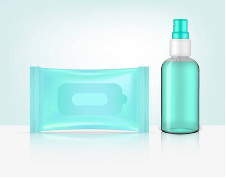 3D mock up realistic Spray Transparent Bottle and wet wipe Sachet Bag packaging product. household and healthcare concept design.のイラスト素材