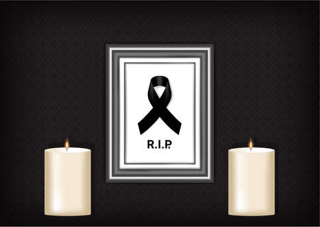 Mock up Mourning symbol with Black Respect ribbon ,Frame and Candle on Texture background Banner. Rest in Peace Funeral card Vector Illustration.のイラスト素材