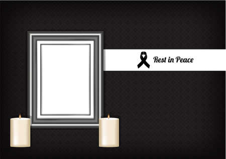 Mock up Mourning symbol with Black Respect ribbon ,Frame and Candle on Texture background Banner. Rest in Peace Funeral card Vector Illustration.のイラスト素材