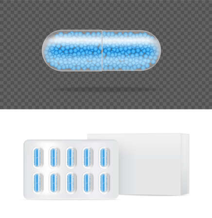 Mock up Realistic Transparent Pill Medicine Capsule Panel on White Background Vector Illustration. Tablets Medical and Health Concept.のイラスト素材