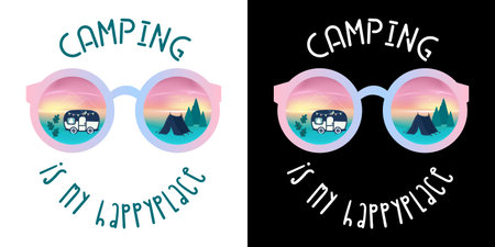 Camping is my happy place isolated on white background. Holiday and Vacation design. For t shirt, greeting card or poster design Background Vector Illustration.のイラスト素材