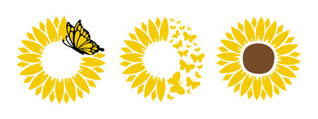 Sunflower with beautiful butterfly set. For design on t-shirt, mug, bag, mask background illustration.のイラスト素材