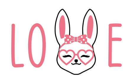 Love Bunny with glasses and bow. Rabbit For Valentine day and Easter design on t-shirt, mug, bag, mask background illustration.のイラスト素材