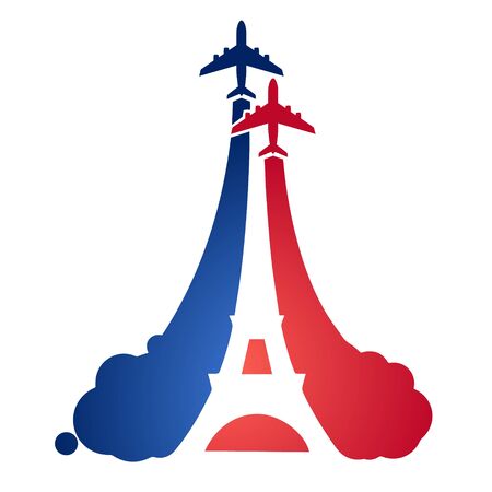 tourist flying aircraft, with a silhouette of the Eiffel tower and the symbolism of the French flag. Symbols and air travel in France. Bastille Day.のイラスト素材