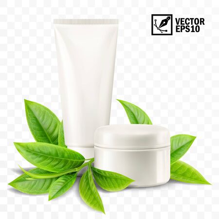 realistic isolated vector mockup, jar and tube with cosmetic cream, tea or mint leavesのイラスト素材