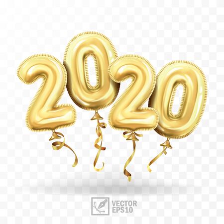 realistic isolated vector with gold gel balls as numbers two thousand and twenty, 2020, New Year's balloons to decorate your design, Christmas, New Year, advertisingのイラスト素材