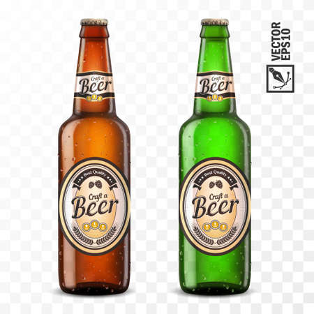 3d realistic transparent beer green and brown color bottles with labelのイラスト素材