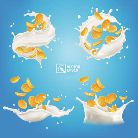 Various 3d realistic splashes of corn flakes or cereals in milk or yogurt
