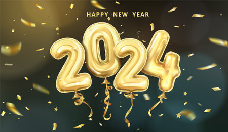 3d realistic isolated vector with gold gel balls as numbers two thousand and twenty four, 2024, dark background, New Year's balloons to decorate your design, Christmas, advertisingのイラスト素材