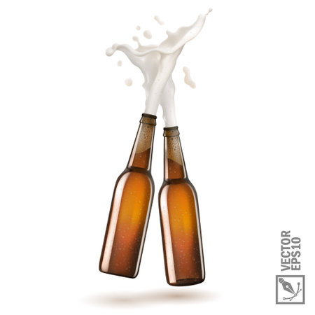 two brown beer bottle toasting creating splash, 3D realistic vector setのイラスト素材