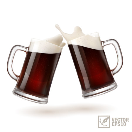 two mugs of dark beer toasting creating splash, 3D realistic glasses with handleのイラスト素材