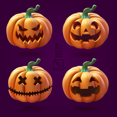 Halloween pumpkins with scary face on violet background, 3d realistic setのイラスト素材