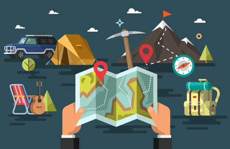 Man on a hiking trip holding a map in his hands. Colorful illustrations. Flat vector illustration.のイラスト素材