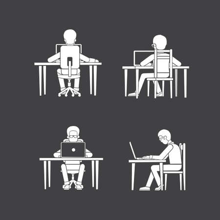 The man working on the computer. The Internet and social networking. Black and white illustration.のイラスト素材