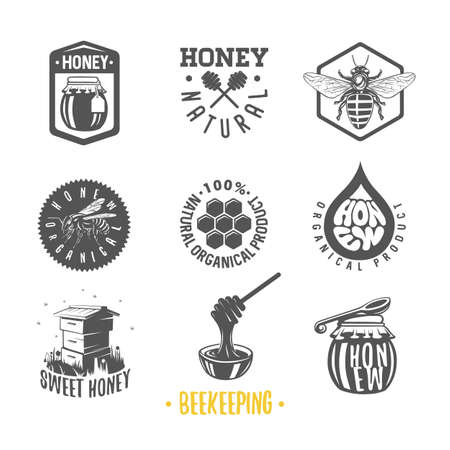Beekeeping. Set of vintage honey labels, badges, logotypes and design elements. Apiary logo template.のイラスト素材