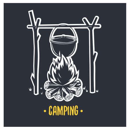 Camping bonfire illustration. Vector icon isolated on dark background.のイラスト素材