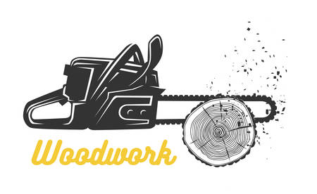 Woodworking. Chainsaw label template. Black and white objects.のイラスト素材